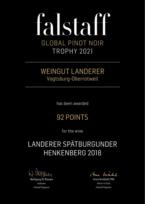 Auszeichnung Falstaff Global Pinot Noir Trophy 2021